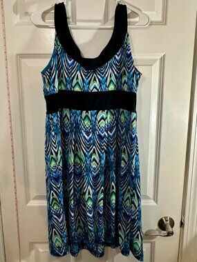 Dressbarn Blue Green Geometric Print Empire Waist Midi Dress Sleeveless Size 14
